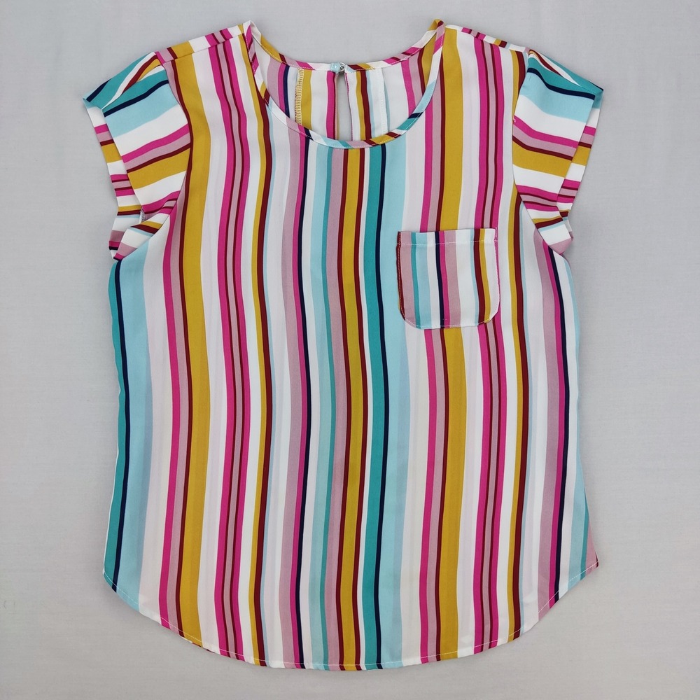 Unbranded‎ Blouse Womens M Multicolor Striped Cap Sleeve Pocket Keyhole Back Top